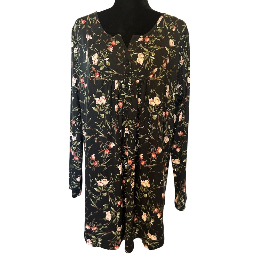 NWT Halife Black Floral Henley Smocked Blouse Size 3XL